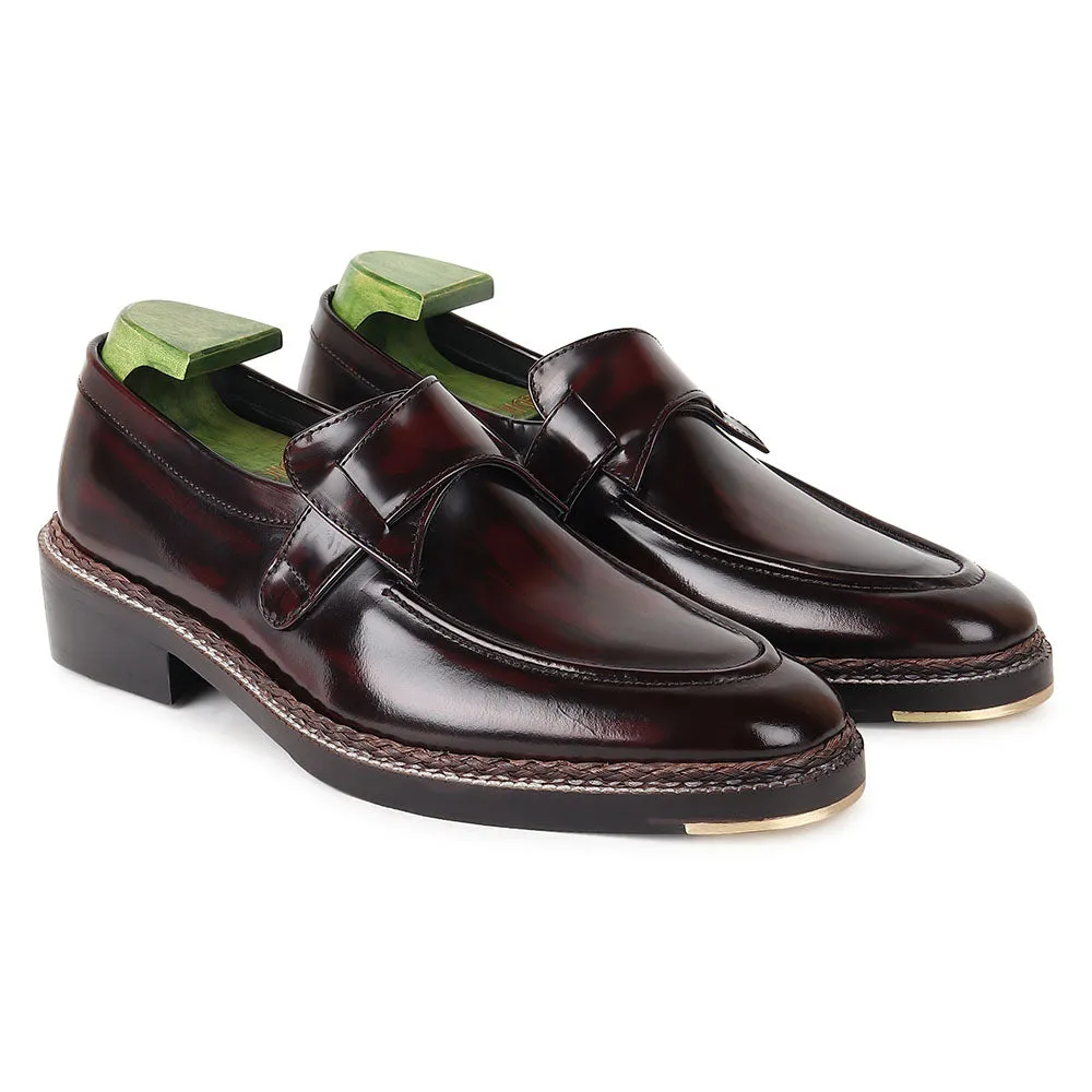 Burshed Burgundy Norwegian Welted Butterfly Loafers With Metal Toe