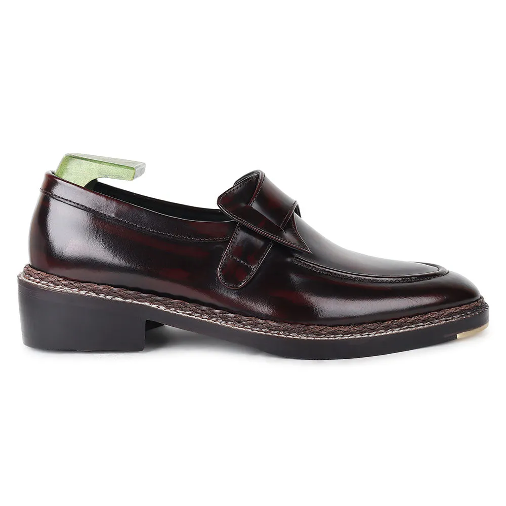 Burshed Burgundy Norwegian Welted Butterfly Loafers With Metal Toe