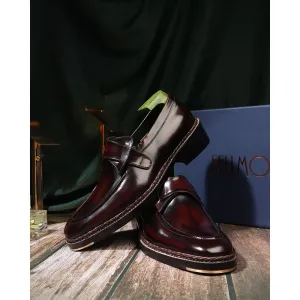 Burshed Burgundy Norwegian Welted Butterfly Loafers With Metal Toe