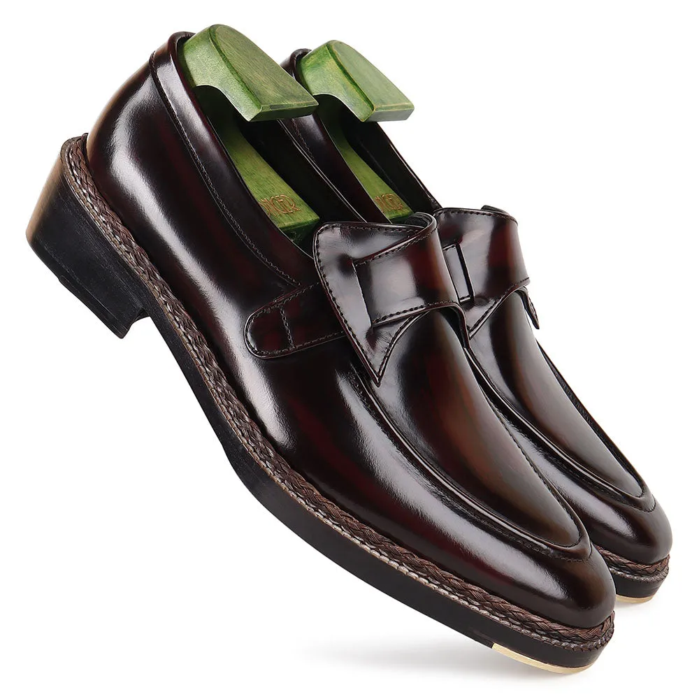 Burshed Burgundy Norwegian Welted Butterfly Loafers With Metal Toe