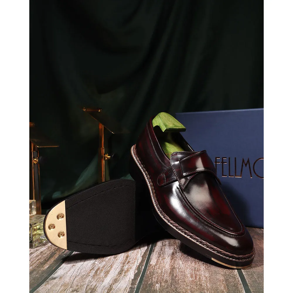 Burshed Burgundy Norwegian Welted Butterfly Loafers With Metal Toe