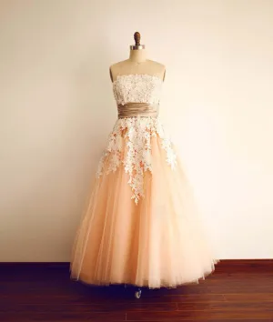 Champagne Tulle lace tea length Prom Dress, Bridesmaid Dress