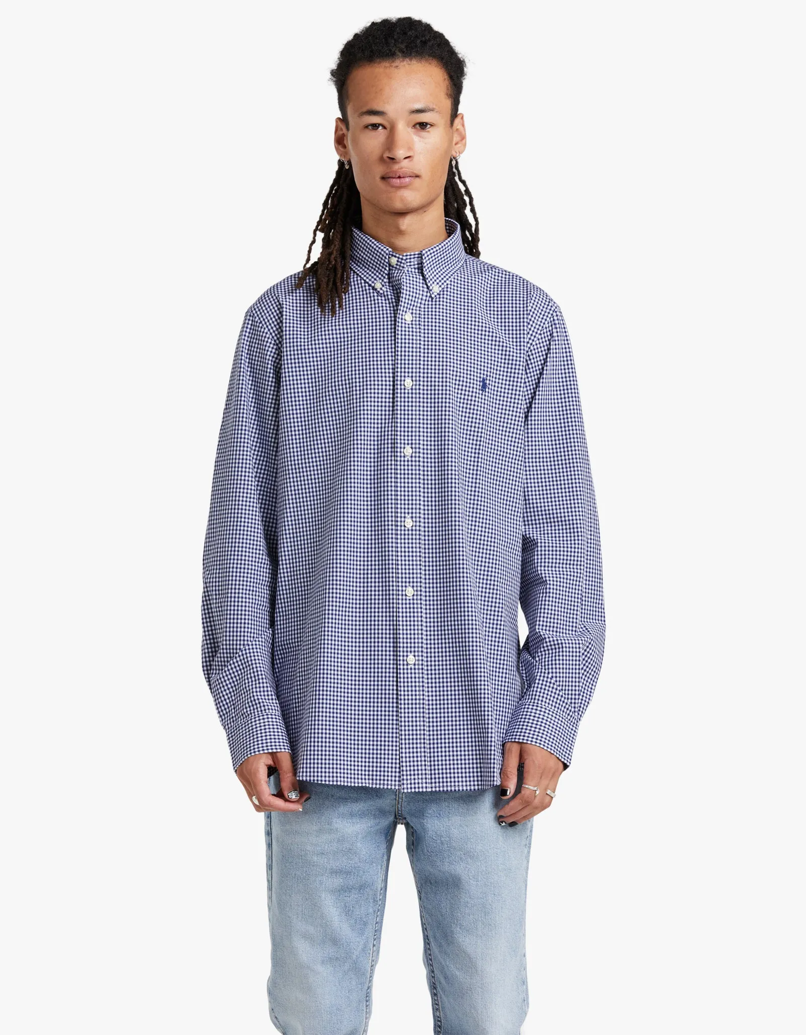 Custom-Fit L/S Sport Shirt - Navy/White