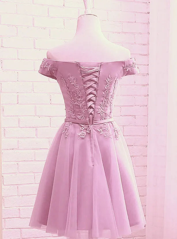 Cute Dark Pink Off Shoulder Tulle Party Dress with Lace Applique, Formal Gown