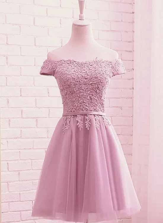 Cute Dark Pink Off Shoulder Tulle Party Dress with Lace Applique, Formal Gown