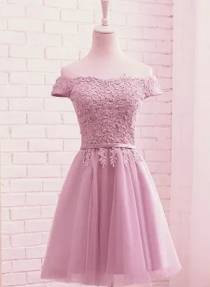 Cute Dark Pink Off Shoulder Tulle Party Dress with Lace Applique, Formal Gown