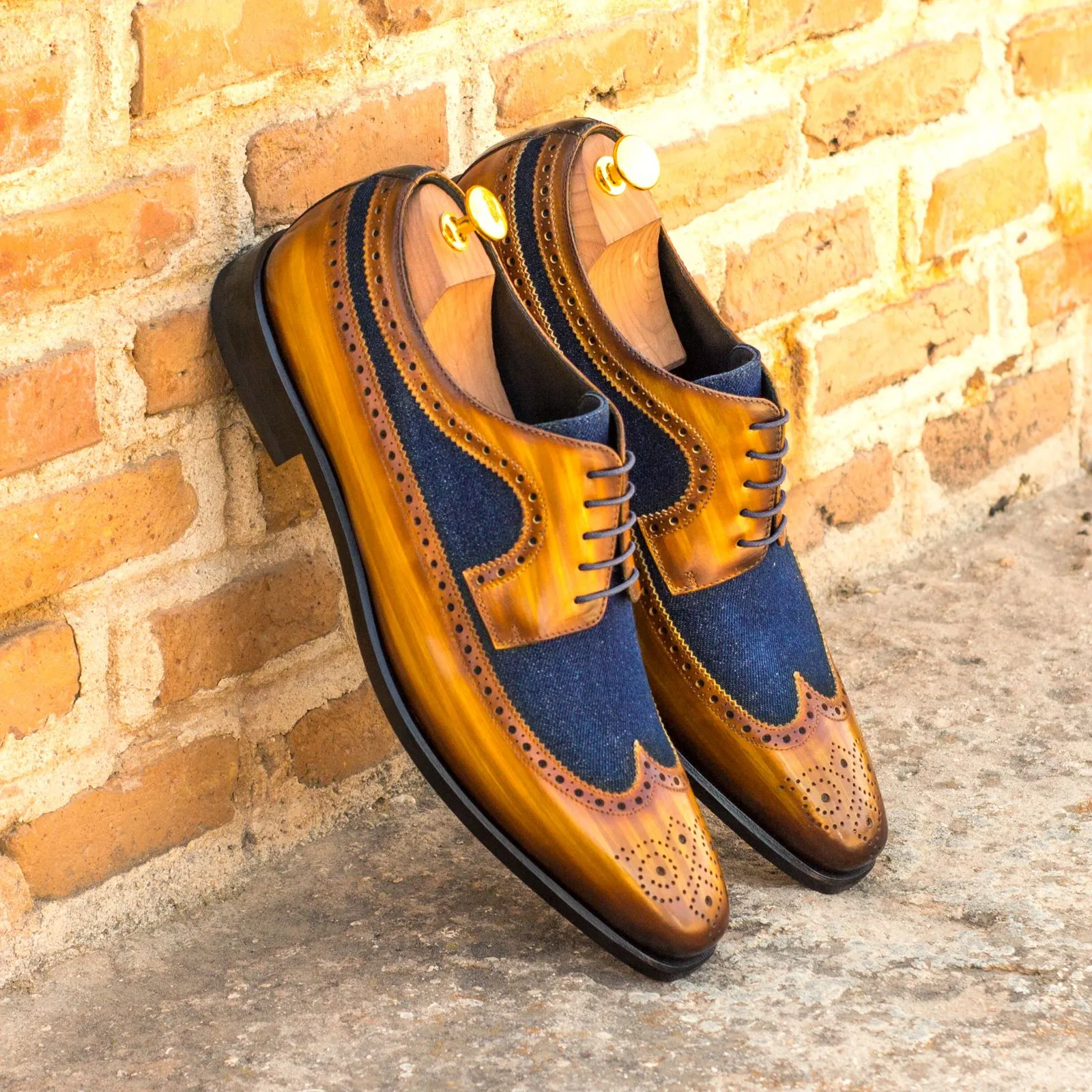 DapperFam Zephyr in Cognac / Jeans / Denim Men's Sartorial & Hand-Painted Patina Longwing Blucher