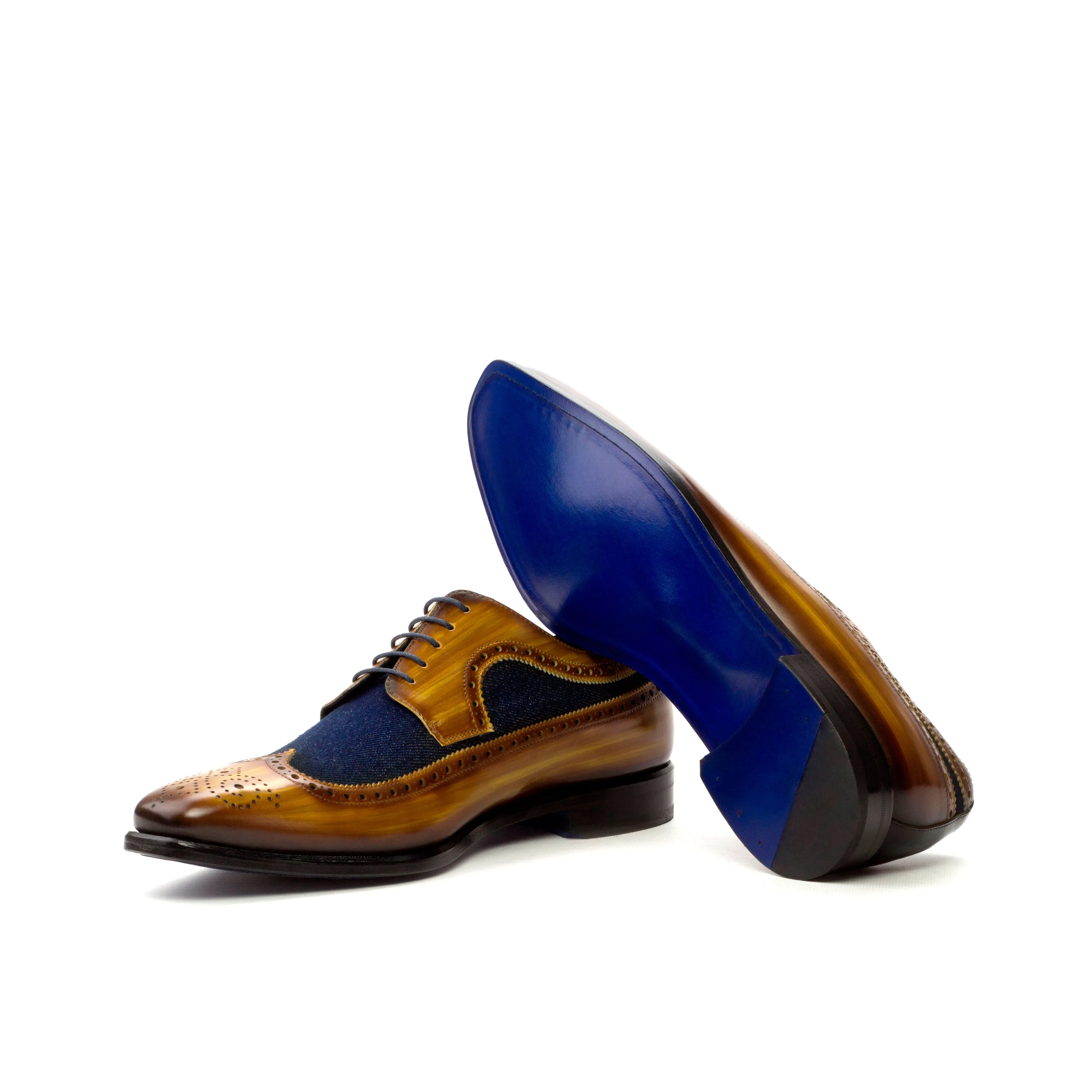 DapperFam Zephyr in Cognac / Jeans / Denim Men's Sartorial & Hand-Painted Patina Longwing Blucher