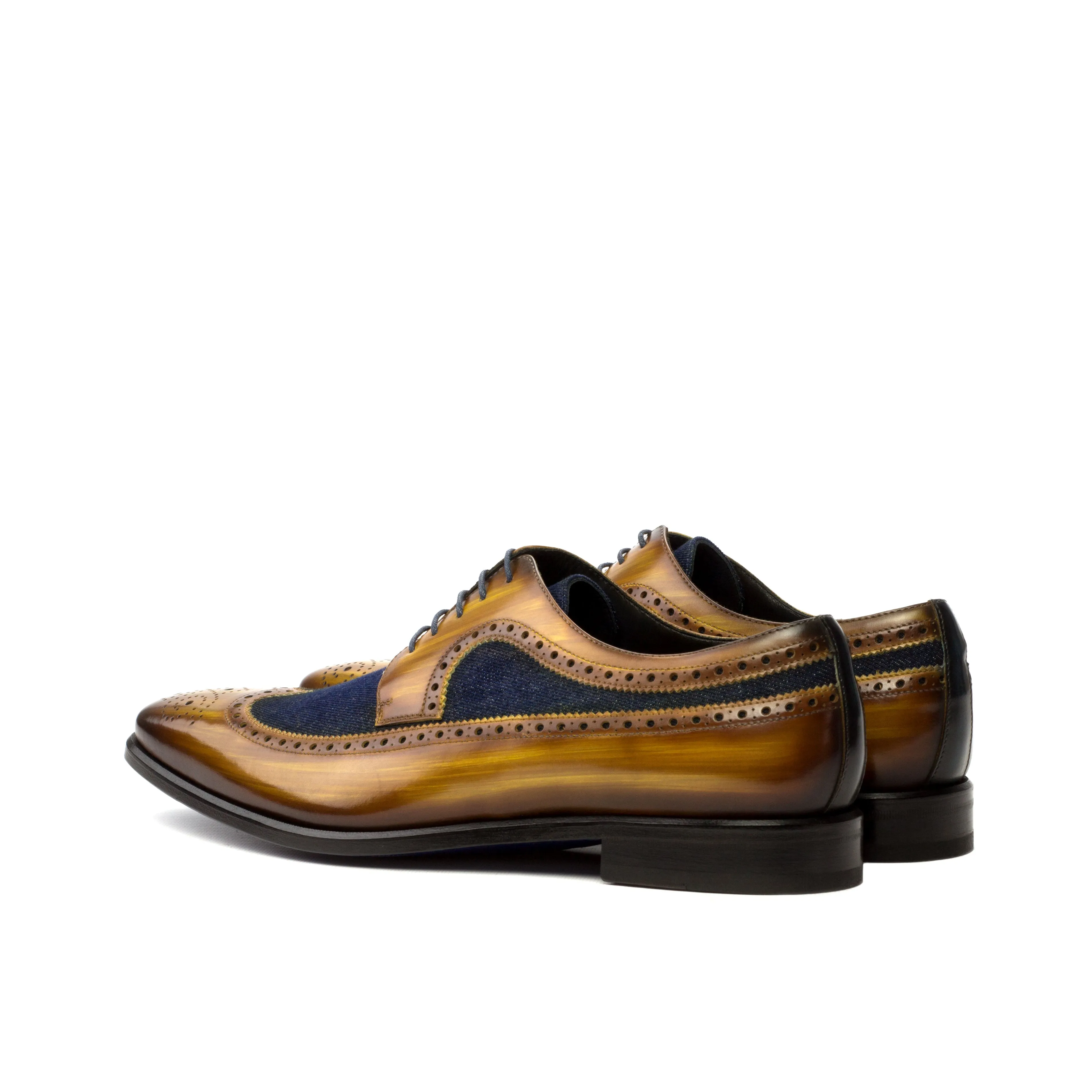 DapperFam Zephyr in Cognac / Jeans / Denim Men's Sartorial & Hand-Painted Patina Longwing Blucher