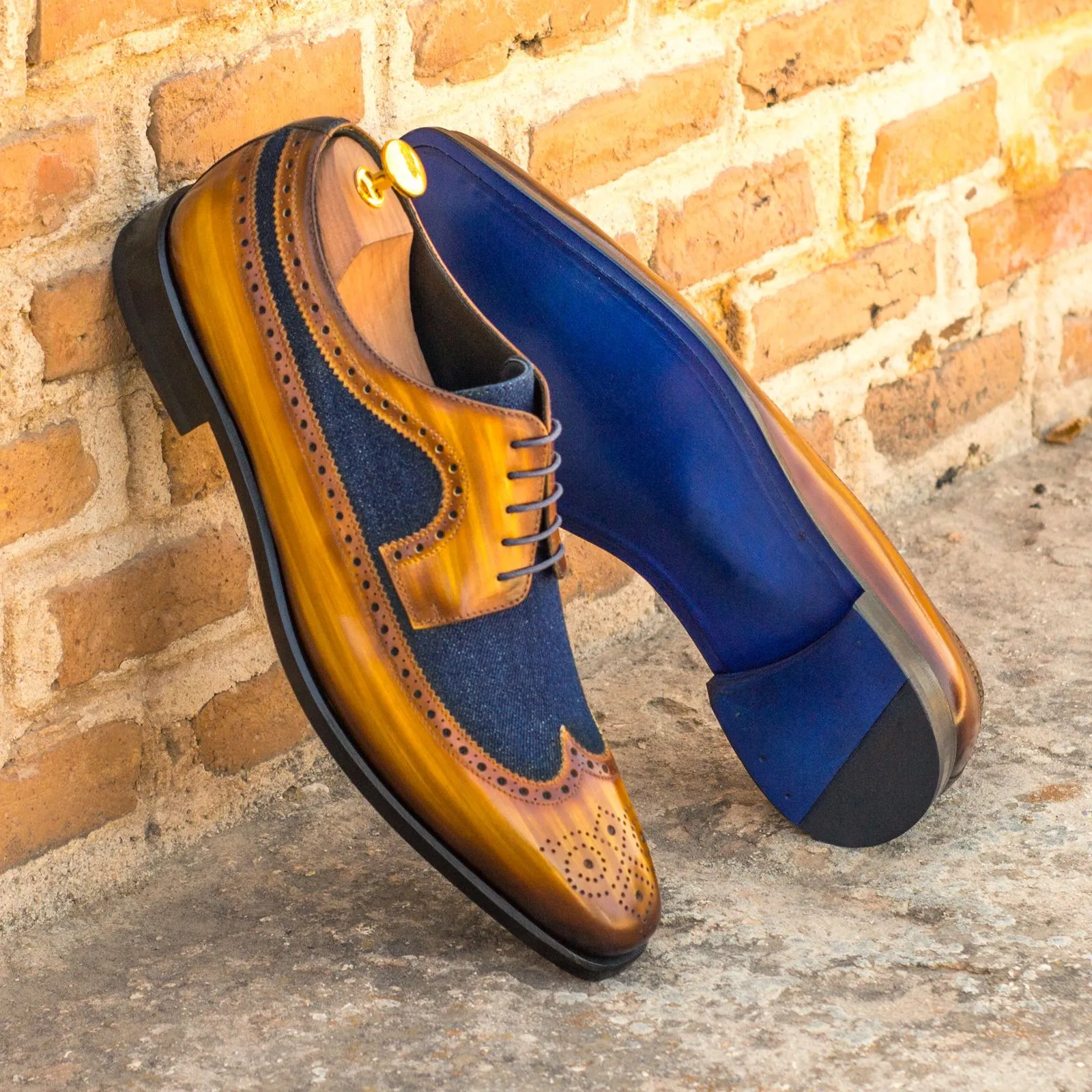 DapperFam Zephyr in Cognac / Jeans / Denim Men's Sartorial & Hand-Painted Patina Longwing Blucher