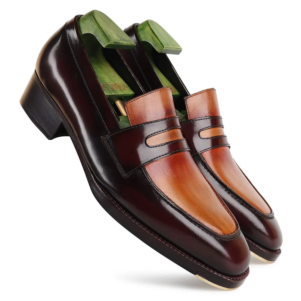 Dual Tone Tan Mirror Glossed Patina Penny Loafers With Metal Toe   Cuban Heel