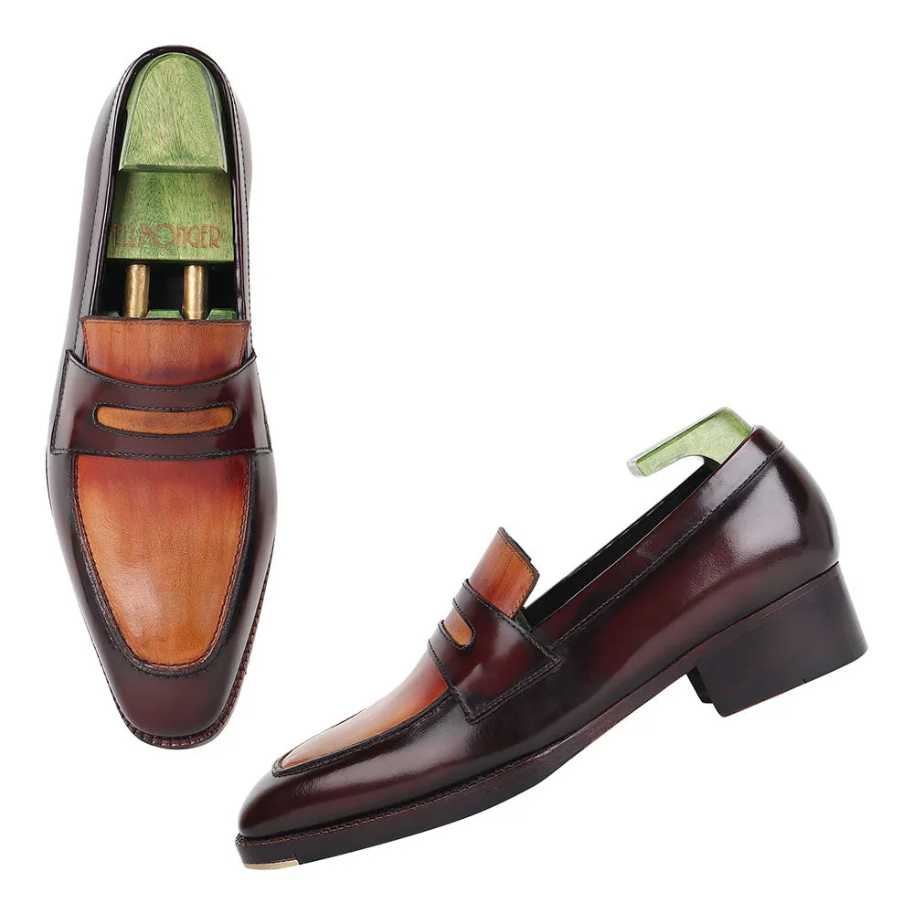 Dual Tone Tan Mirror Glossed Patina Penny Loafers With Metal Toe   Cuban Heel