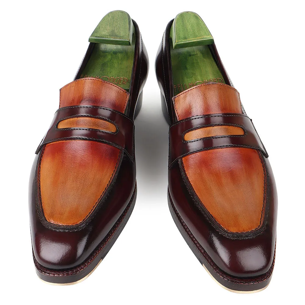 Dual Tone Tan Mirror Glossed Patina Penny Loafers With Metal Toe   Cuban Heel