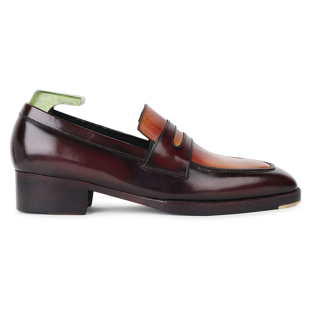 Dual Tone Tan Mirror Glossed Patina Penny Loafers With Metal Toe   Cuban Heel