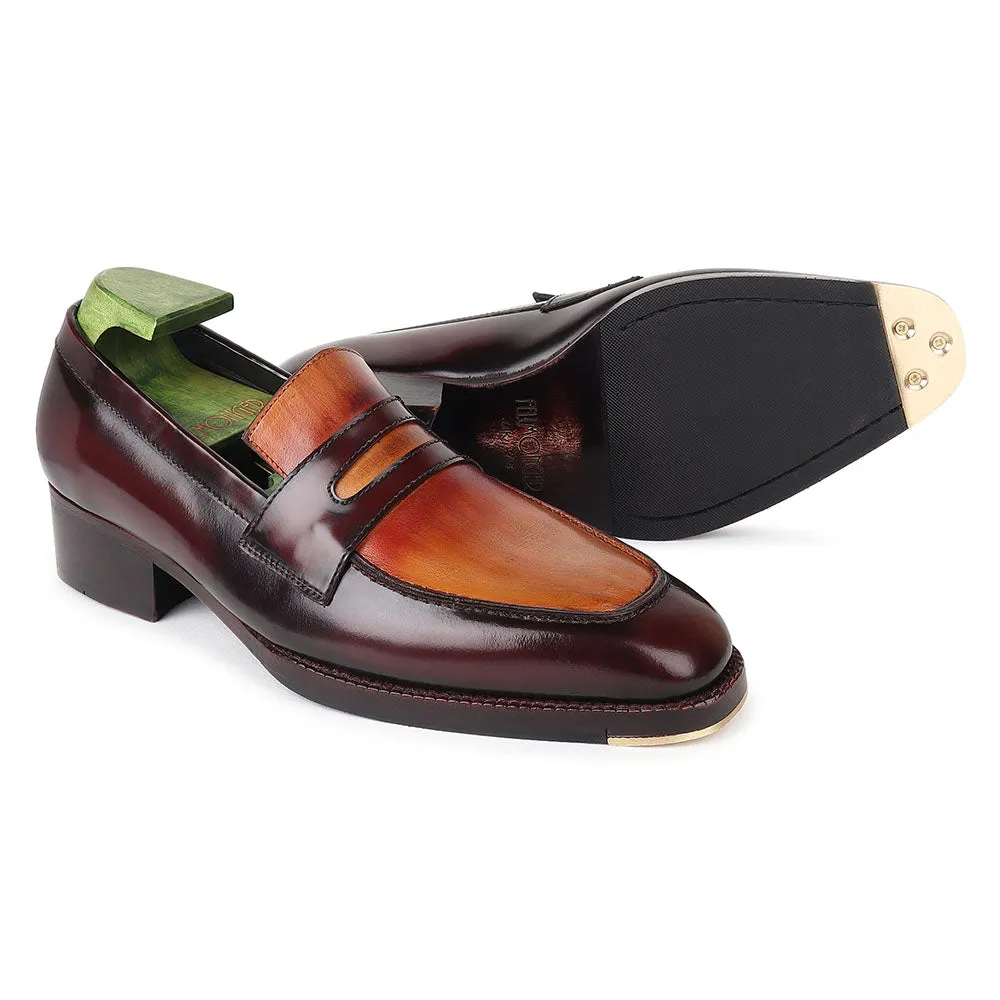 Dual Tone Tan Mirror Glossed Patina Penny Loafers With Metal Toe   Cuban Heel