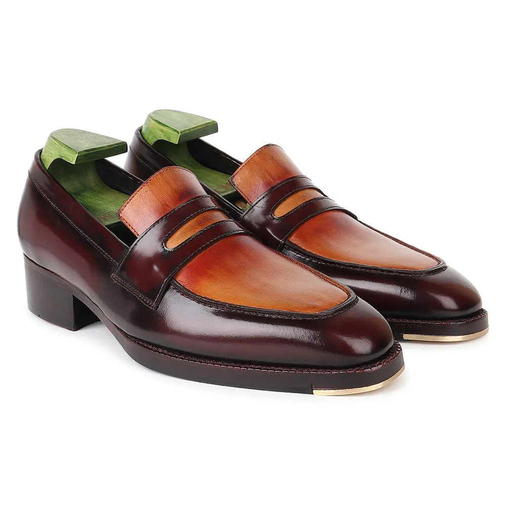 Dual Tone Tan Mirror Glossed Patina Penny Loafers With Metal Toe   Cuban Heel