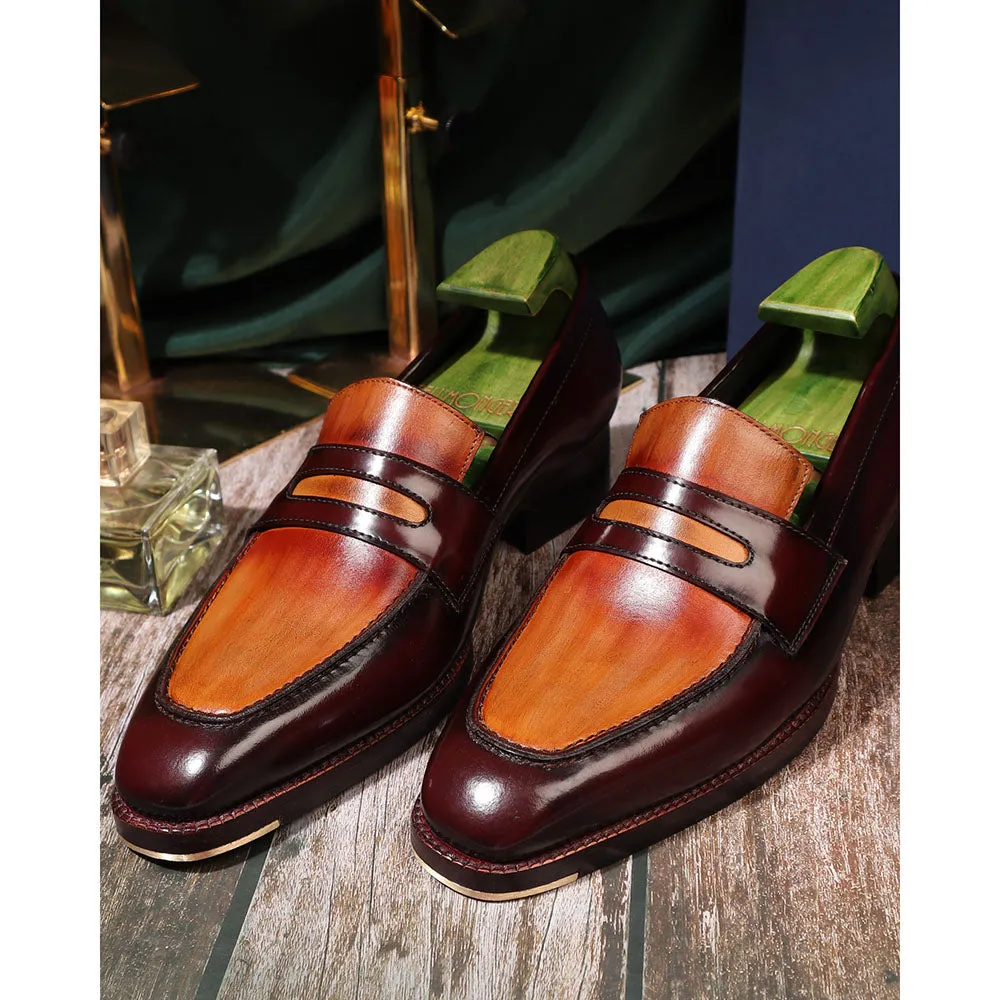 Dual Tone Tan Mirror Glossed Patina Penny Loafers With Metal Toe   Cuban Heel