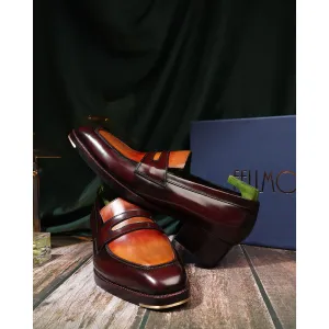 Dual Tone Tan Mirror Glossed Patina Penny Loafers With Metal Toe   Cuban Heel