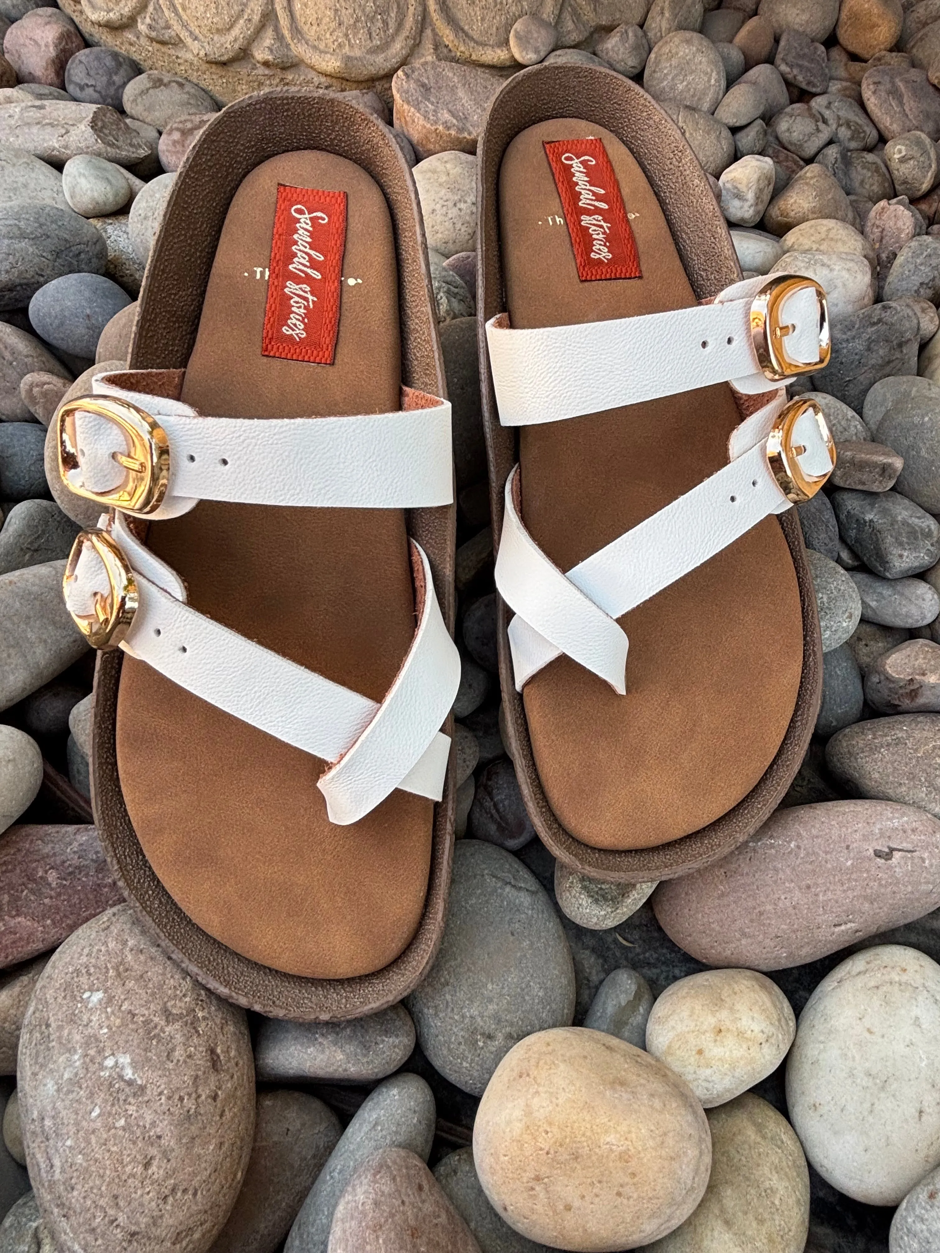 Elegant Stride Buckle Sandals - White