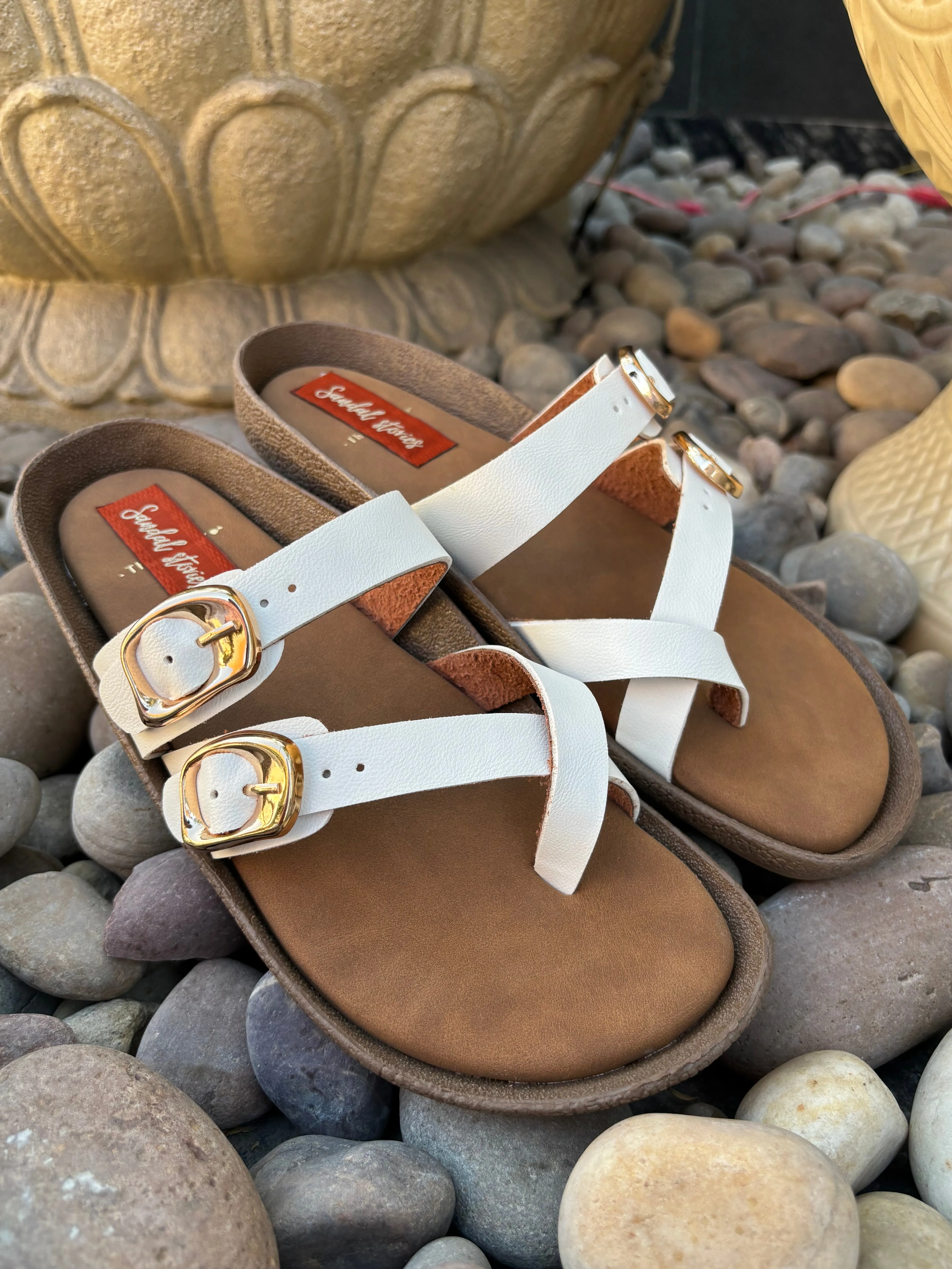 Elegant Stride Buckle Sandals - White