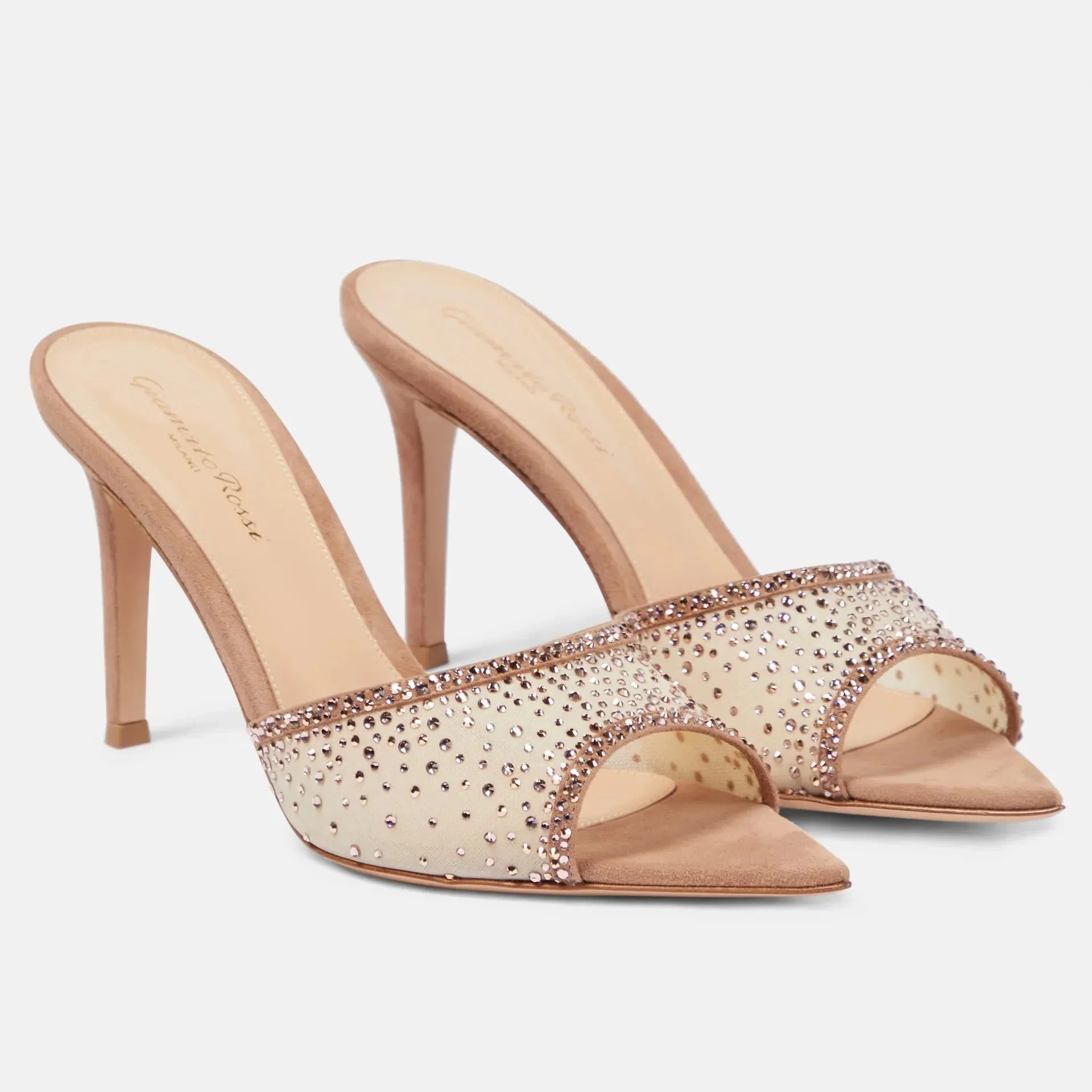 Fashionable Versatile High Heel Slippers Pointed Toe Rhinestone Decorated One-piece Strap Sandals Casual Elegant Ladies Shoes