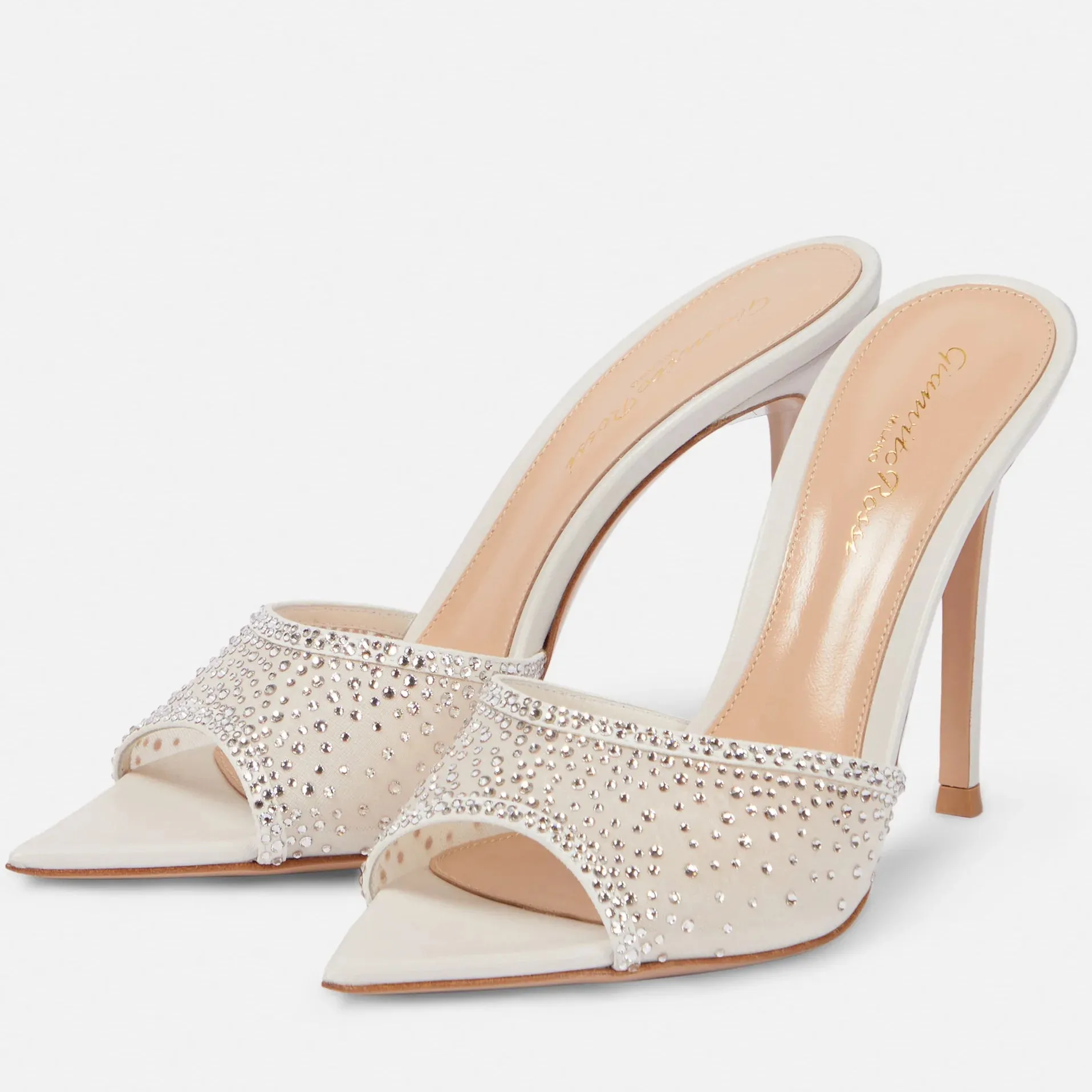 Fashionable Versatile High Heel Slippers Pointed Toe Rhinestone Decorated One-piece Strap Sandals Casual Elegant Ladies Shoes