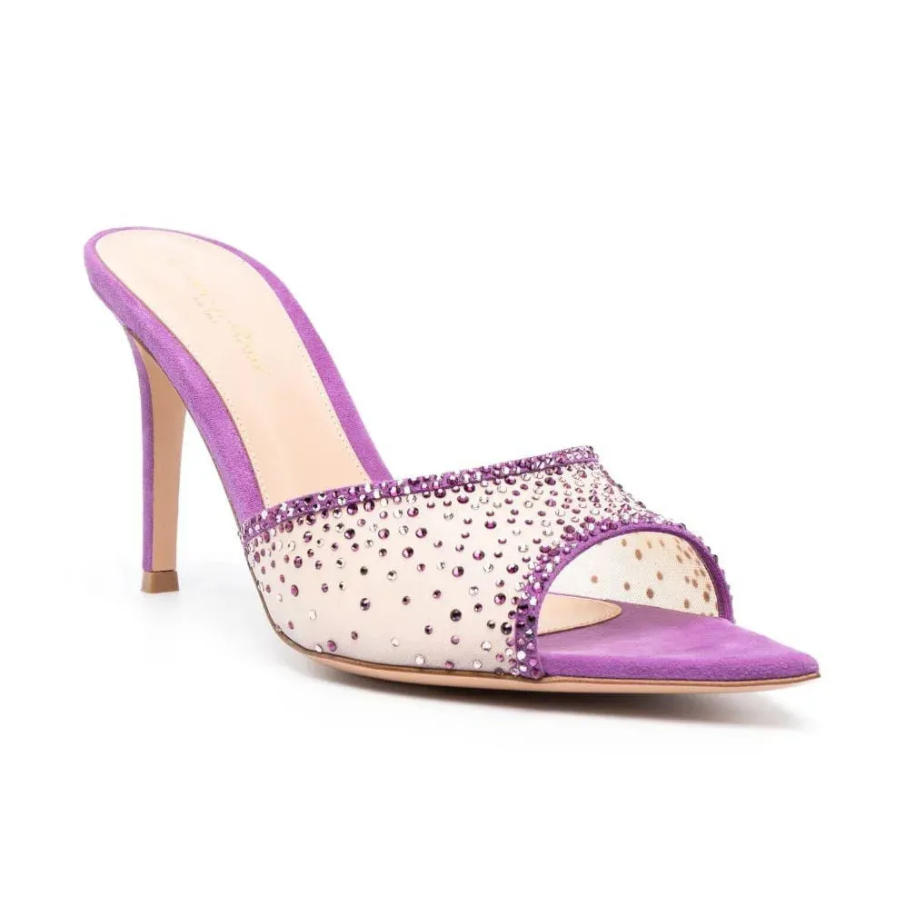 Fashionable Versatile High Heel Slippers Pointed Toe Rhinestone Decorated One-piece Strap Sandals Casual Elegant Ladies Shoes