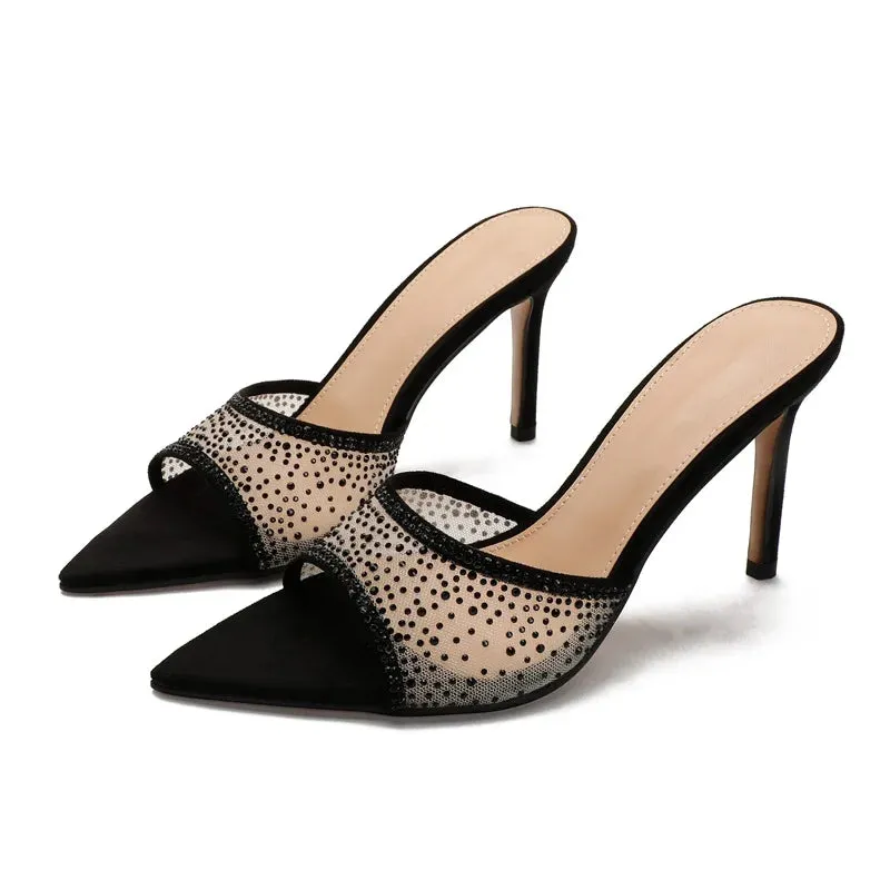 Fashionable Versatile High Heel Slippers Pointed Toe Rhinestone Decorated One-piece Strap Sandals Casual Elegant Ladies Shoes