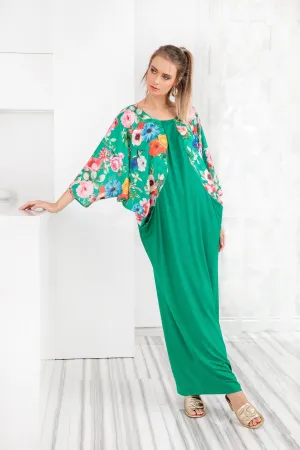 Floral Kaftan Dress, Satin Caftan Dress, Floral Maxi Dress, Floral Long Sleeve Maxi Dress In Green, Caftan Dress, Plus Size Clothing Women