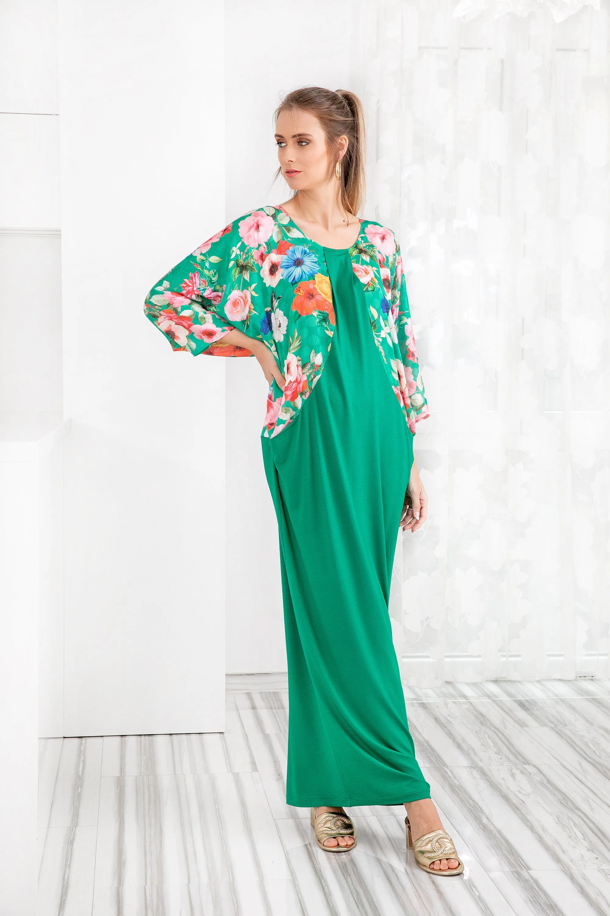 Floral Kaftan Dress, Satin Caftan Dress, Floral Maxi Dress, Floral Long Sleeve Maxi Dress In Green, Caftan Dress, Plus Size Clothing Women