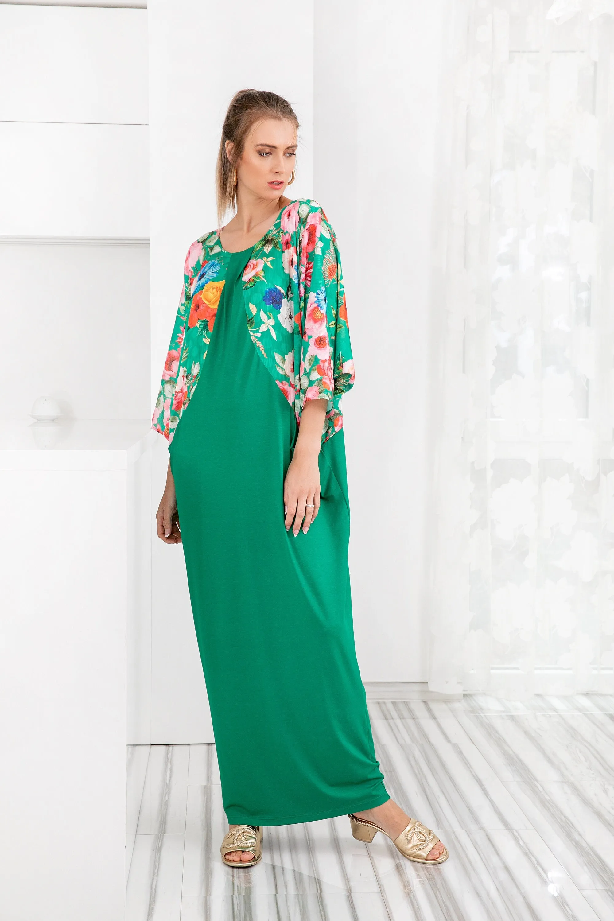 Floral Kaftan Dress, Satin Caftan Dress, Floral Maxi Dress, Floral Long Sleeve Maxi Dress In Green, Caftan Dress, Plus Size Clothing Women