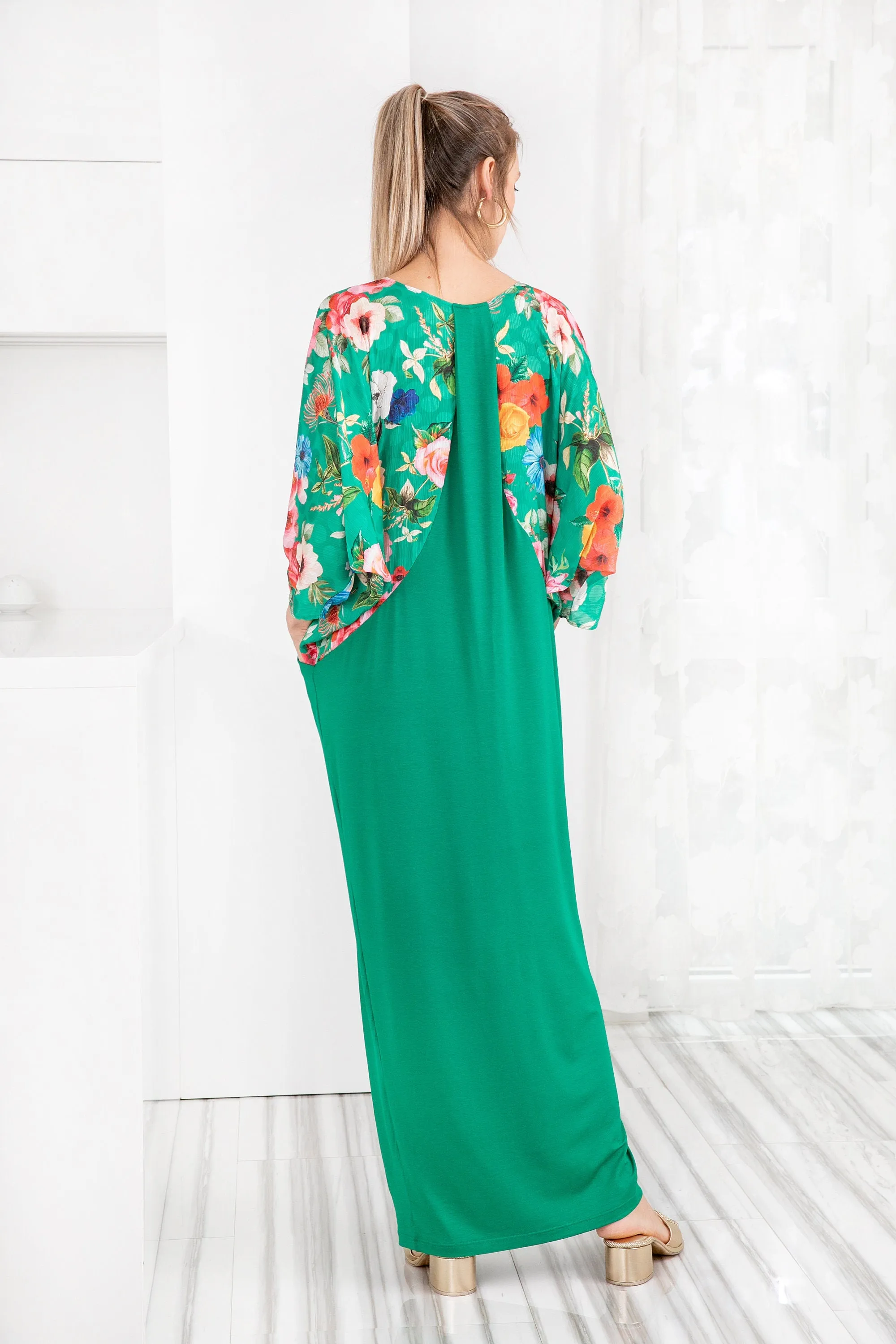Floral Kaftan Dress, Satin Caftan Dress, Floral Maxi Dress, Floral Long Sleeve Maxi Dress In Green, Caftan Dress, Plus Size Clothing Women