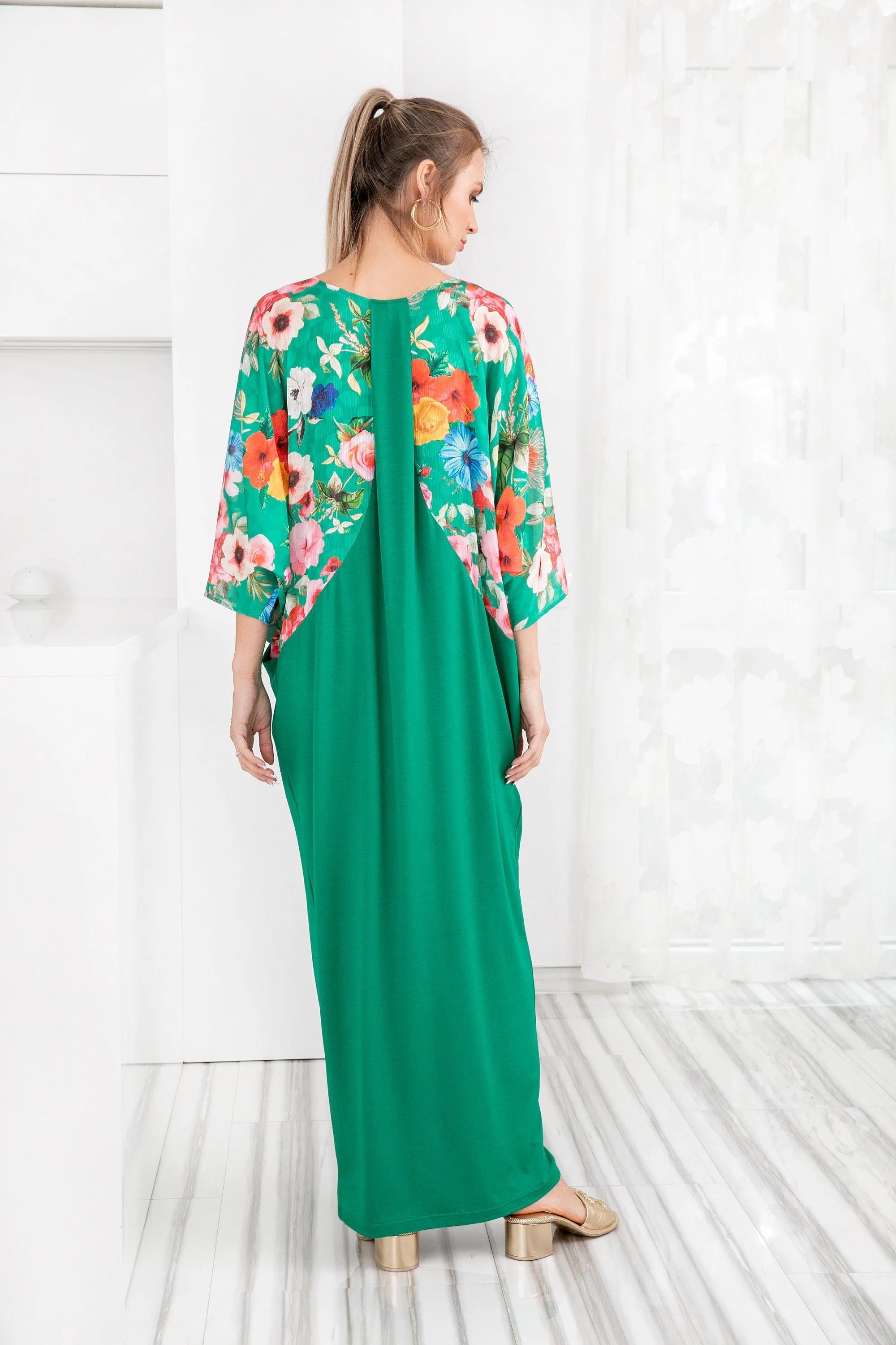 Floral Kaftan Dress, Satin Caftan Dress, Floral Maxi Dress, Floral Long Sleeve Maxi Dress In Green, Caftan Dress, Plus Size Clothing Women