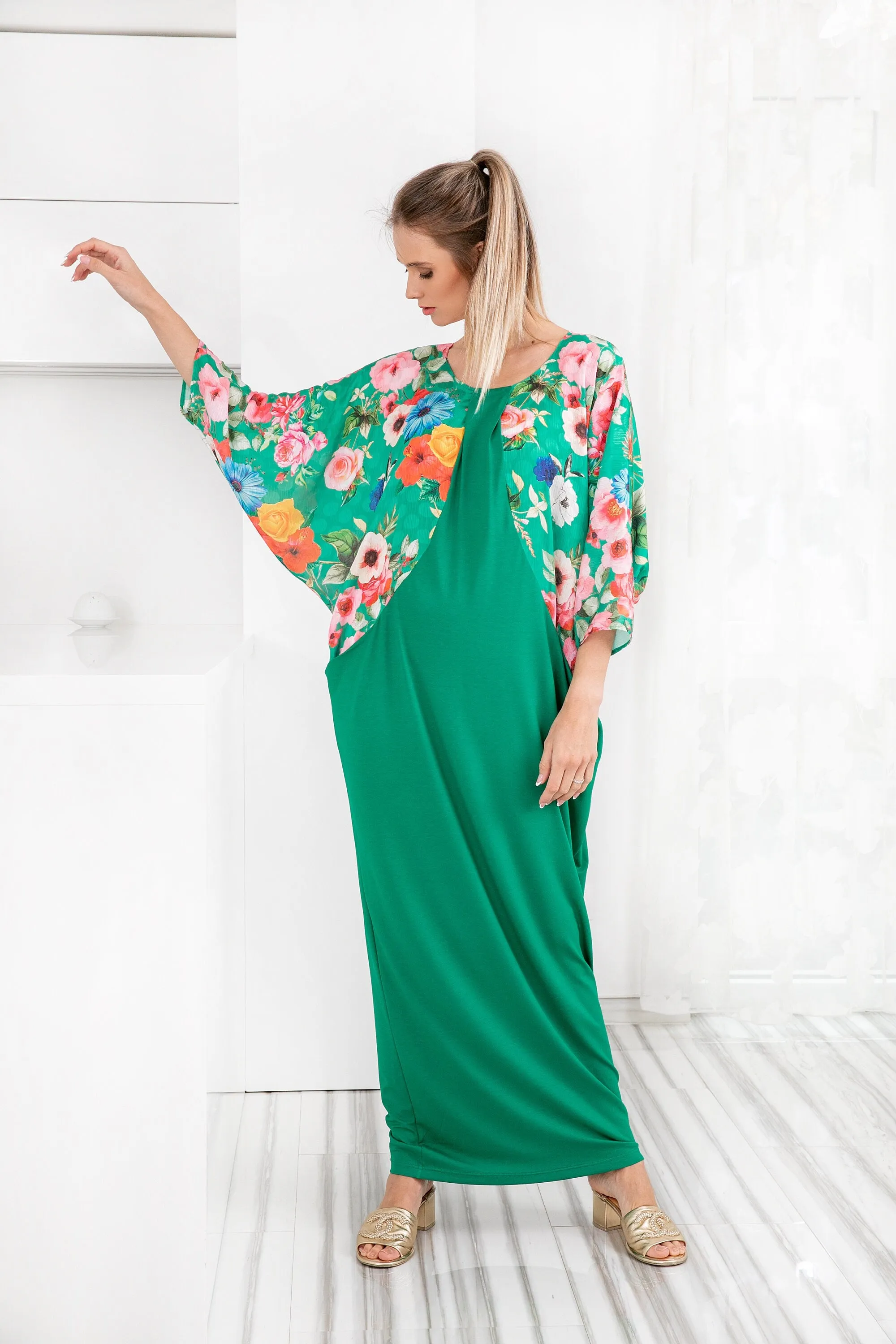 Floral Kaftan Dress, Satin Caftan Dress, Floral Maxi Dress, Floral Long Sleeve Maxi Dress In Green, Caftan Dress, Plus Size Clothing Women