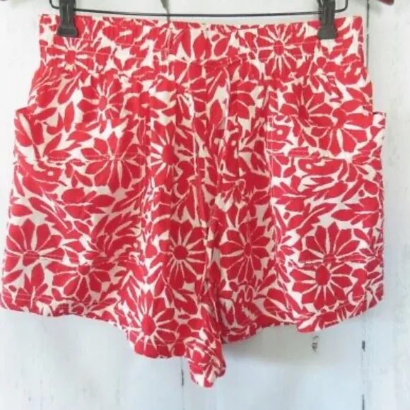 Free People Shorts Red Print Linen Blend High Rise