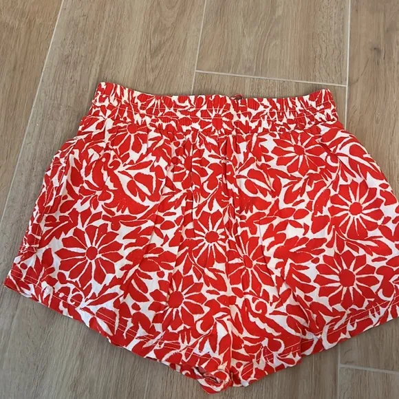 Free People Shorts Red Print Linen Blend High Rise