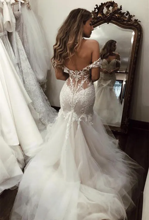 Gorgeous Mermaid Lace V-neck Off the Shoulder Wedding Dress with Appliques, SW298