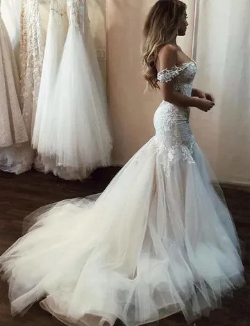 Gorgeous Mermaid Lace V-neck Off the Shoulder Wedding Dress with Appliques, SW298