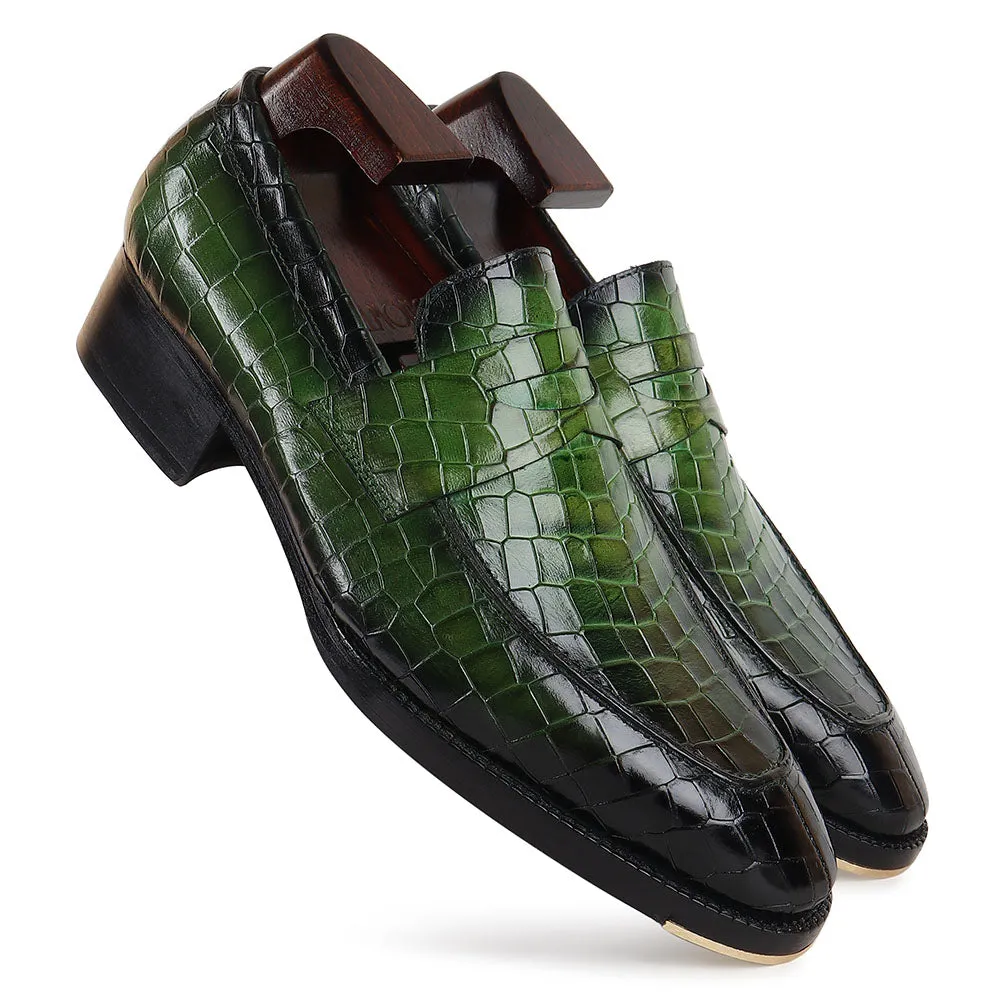 Green Croco Mirror Glossed Patina Penny Loafers   Cuban Heel With Metal Toe