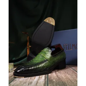 Green Croco Mirror Glossed Patina Penny Loafers   Cuban Heel With Metal Toe