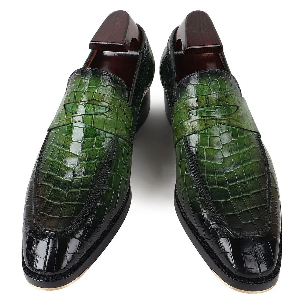 Green Croco Mirror Glossed Patina Penny Loafers   Cuban Heel With Metal Toe