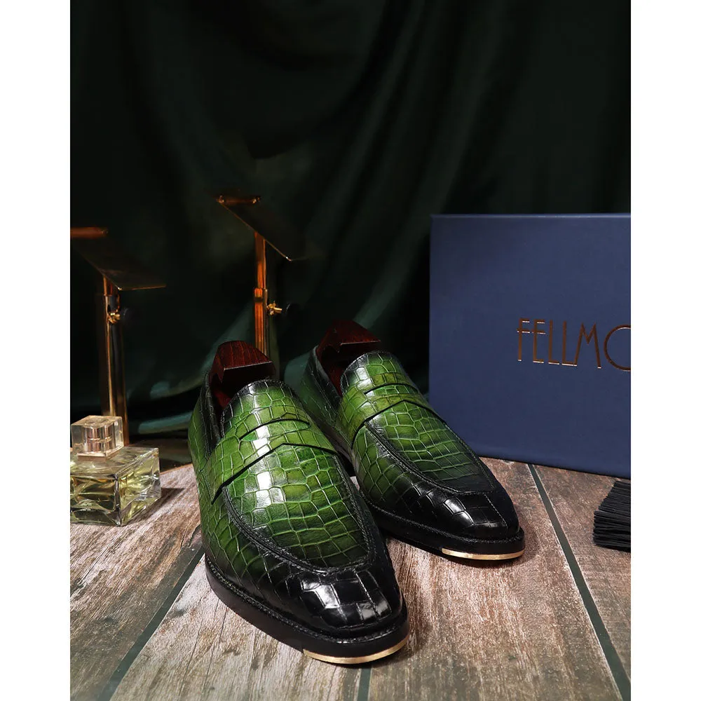 Green Croco Mirror Glossed Patina Penny Loafers   Cuban Heel With Metal Toe