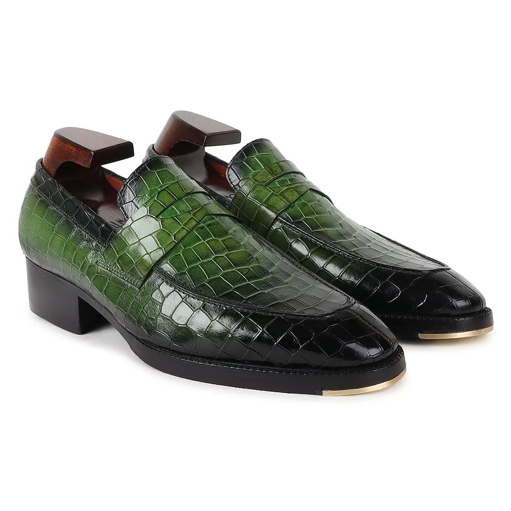 Green Croco Mirror Glossed Patina Penny Loafers   Cuban Heel With Metal Toe