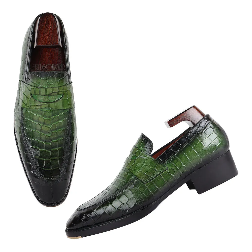 Green Croco Mirror Glossed Patina Penny Loafers   Cuban Heel With Metal Toe