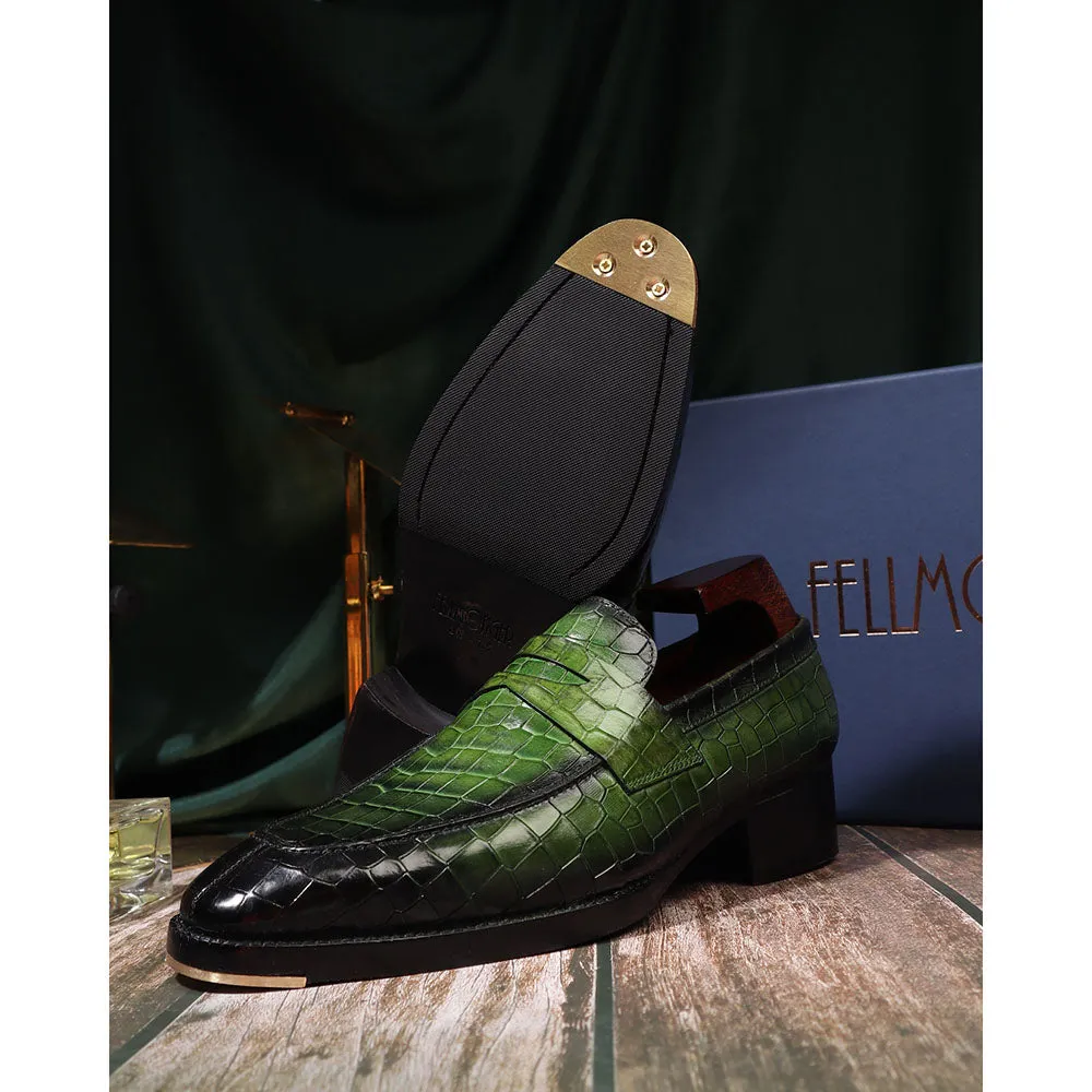 Green Croco Mirror Glossed Patina Penny Loafers   Cuban Heel With Metal Toe