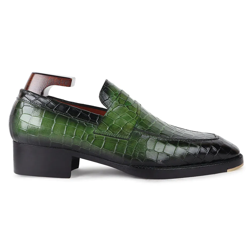 Green Croco Mirror Glossed Patina Penny Loafers   Cuban Heel With Metal Toe