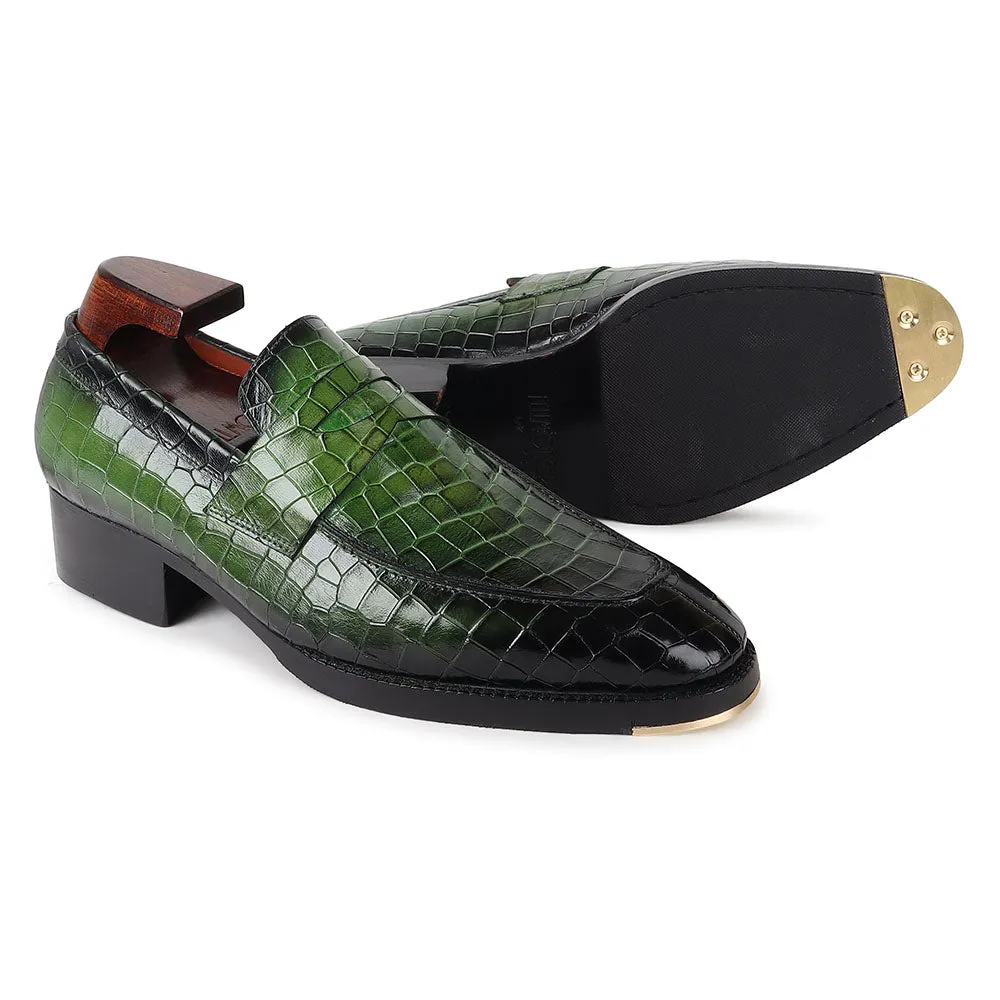 Green Croco Mirror Glossed Patina Penny Loafers   Cuban Heel With Metal Toe