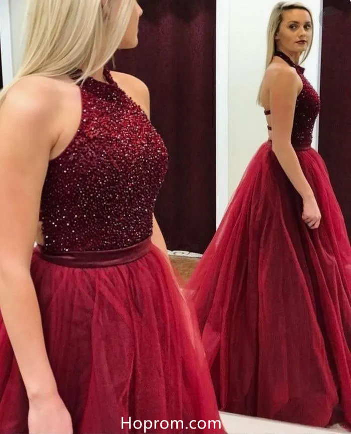 Halter Beading Burgundy Red Prom Dress Tulle Skirt