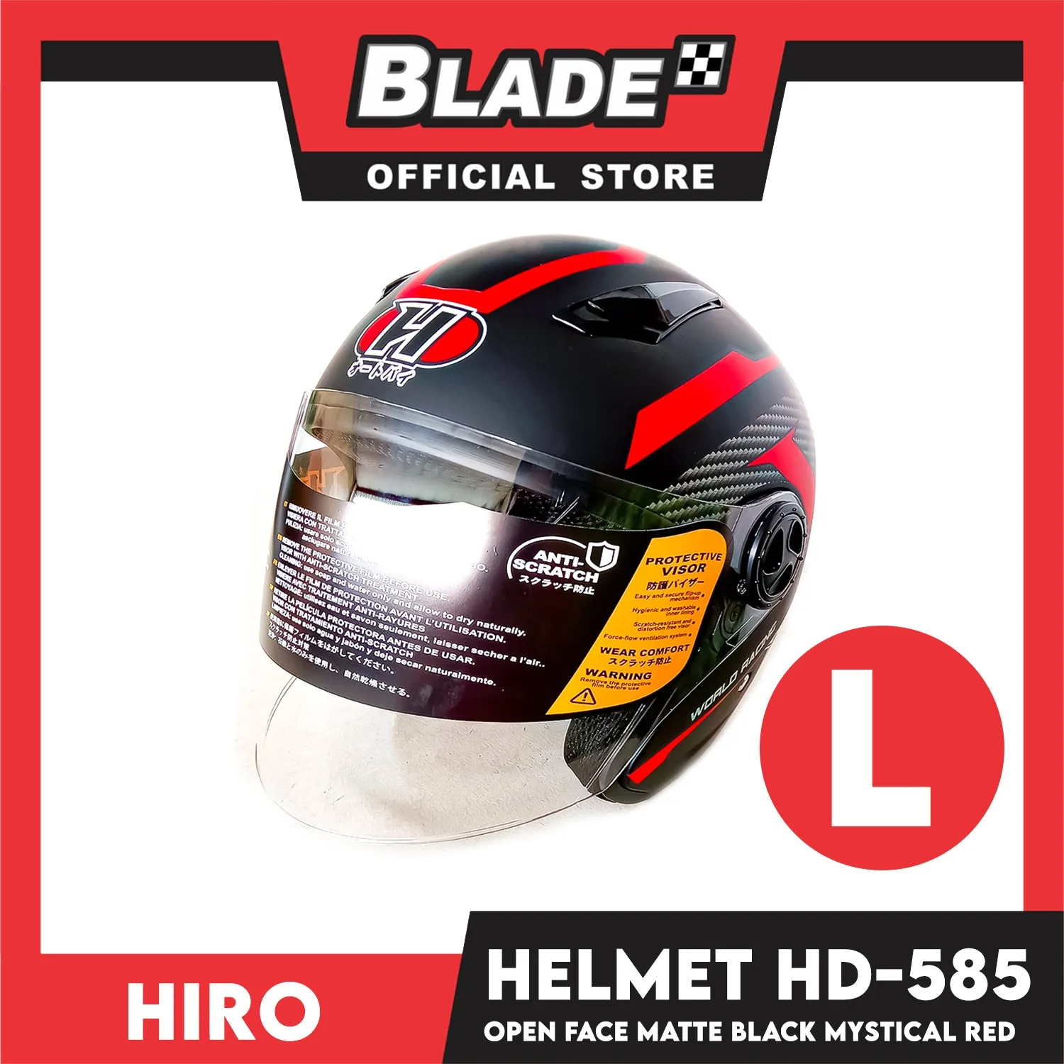 HIRO Helmet OF (Large) HD-585 Matte Black Mystical Red Color (Open Face, Half Face)