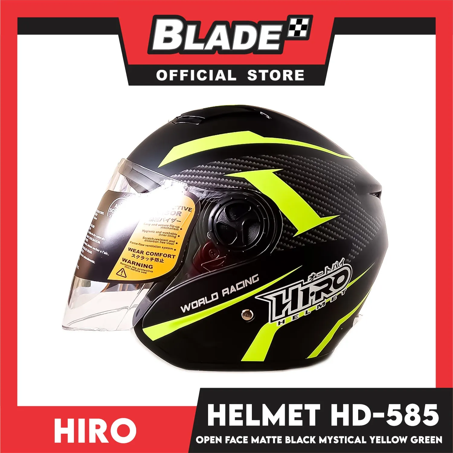 HIRO Helmet OF (Large) HD-585 Matte Black Mystical Yellow Green Color (Open Face, Half Face)